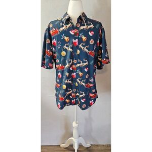 J&DHUASHA Mens Christmas Button Down Shirt Large Navy Blue Santa Reindeer Sleigh